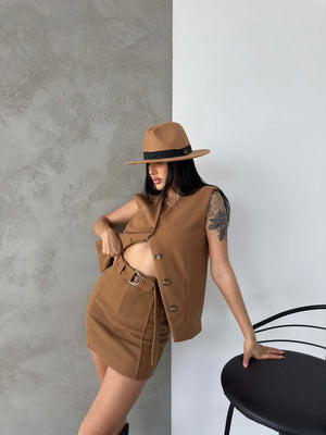 Vizon Kaşe Kruvaze Oversize Yelek Etek Takım