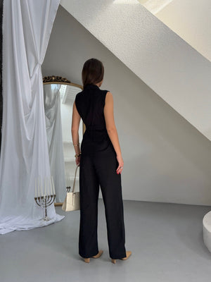 Set vestă și pantaloni cu curea din in negru