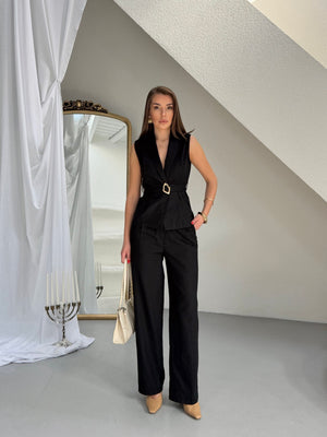 Set vestă și pantaloni cu curea din in negru