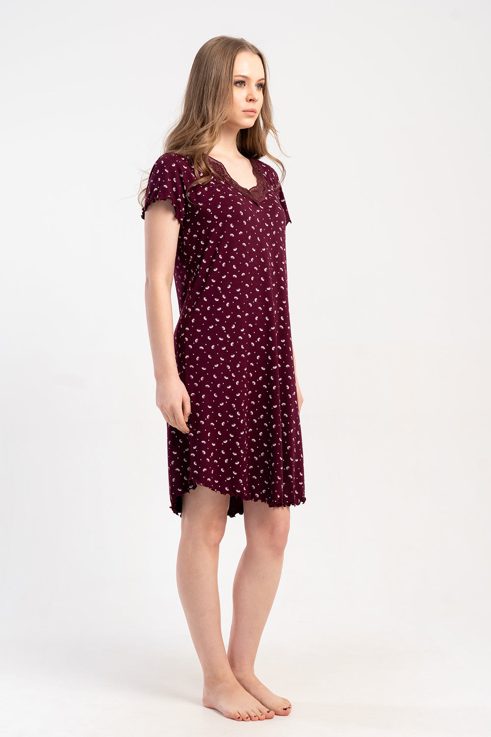 KADIN LYC VISCON V YAKA DANTELLI BIBILALI KISA KOL ETEGI OVAL TUNIK