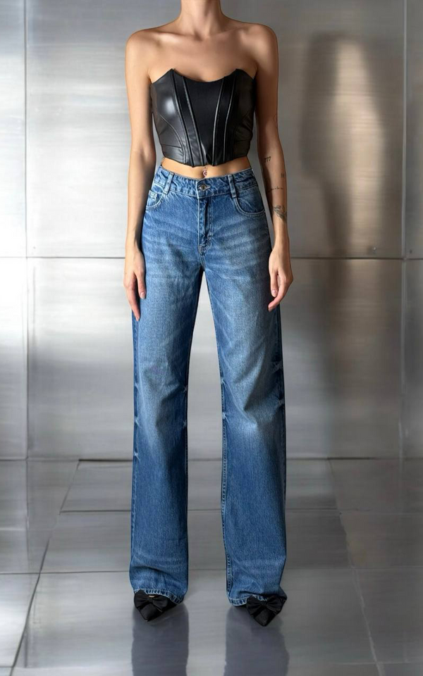 Yüksek Bel Baggy Flare Blue Jean Pantolon