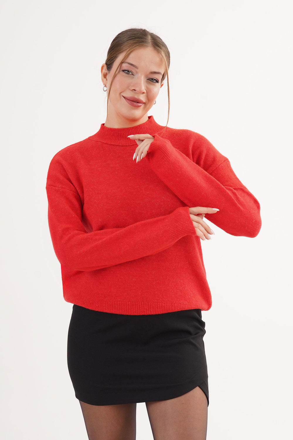 Dik Yaka Trend Toptan Kırmızı Triko Kazak Kırmızı STD