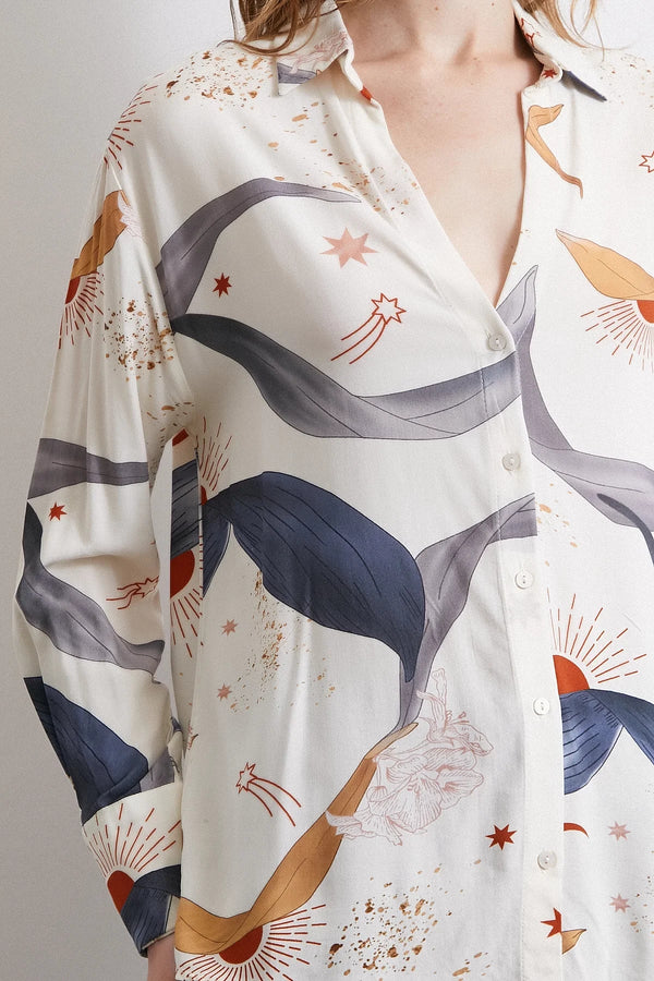 V Yakalı Desenli Gömlek - Ekru