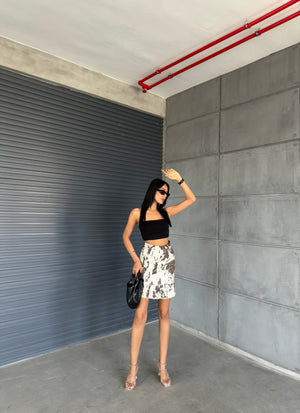 Gri Leopar Gabardin Kumaş Fırfırlı Etek