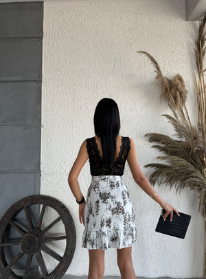 Gri Leopar Gabardin Kumaş Fırfırlı Etek