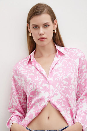 Desenli Gofret Saten Gömlek - Pembe