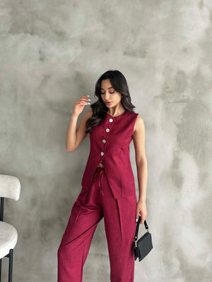 Set vestă și pantaloni plisați aurii vișini