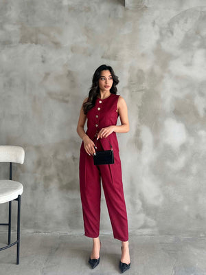 Set vestă și pantaloni plisați aurii vișini