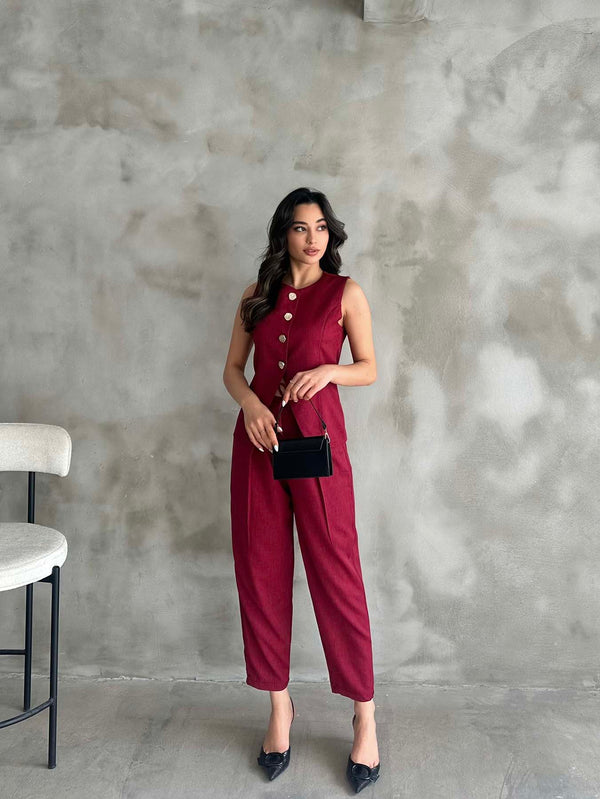 Set vestă și pantaloni plisați aurii vișini