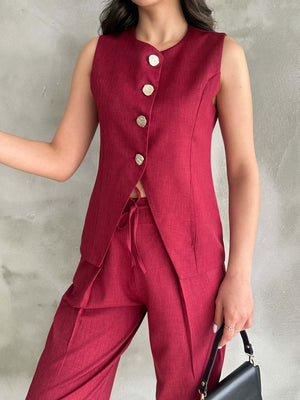 Set vestă și pantaloni plisați aurii vișini