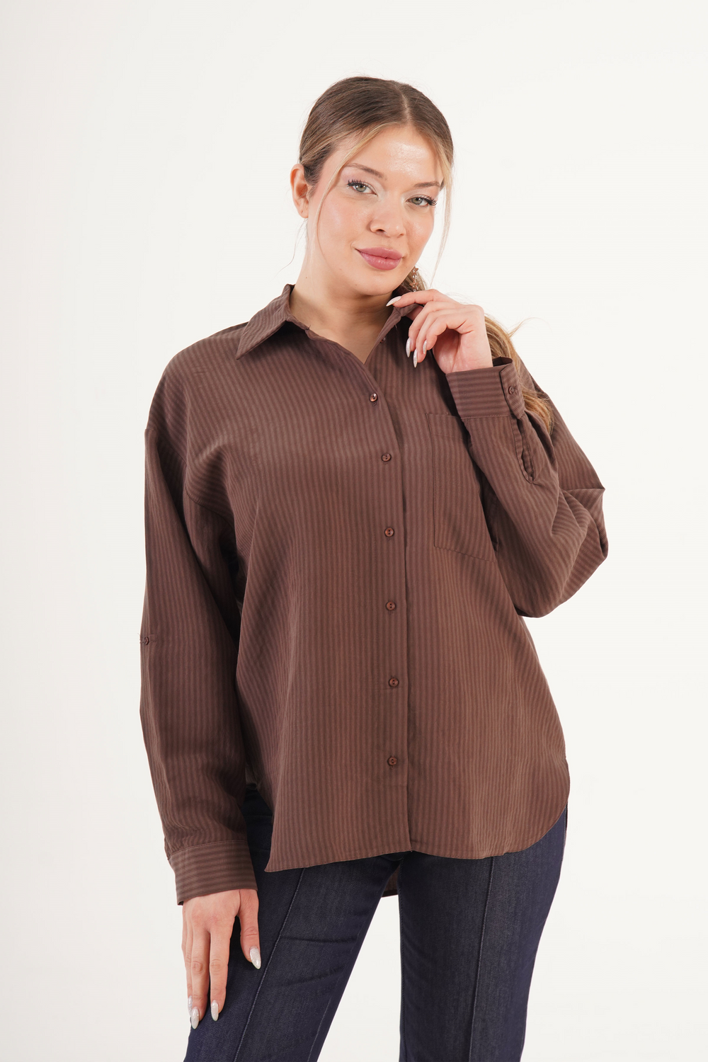 Çizgili Dökümlü Toptan Kahve Gömlek Kahverengi S