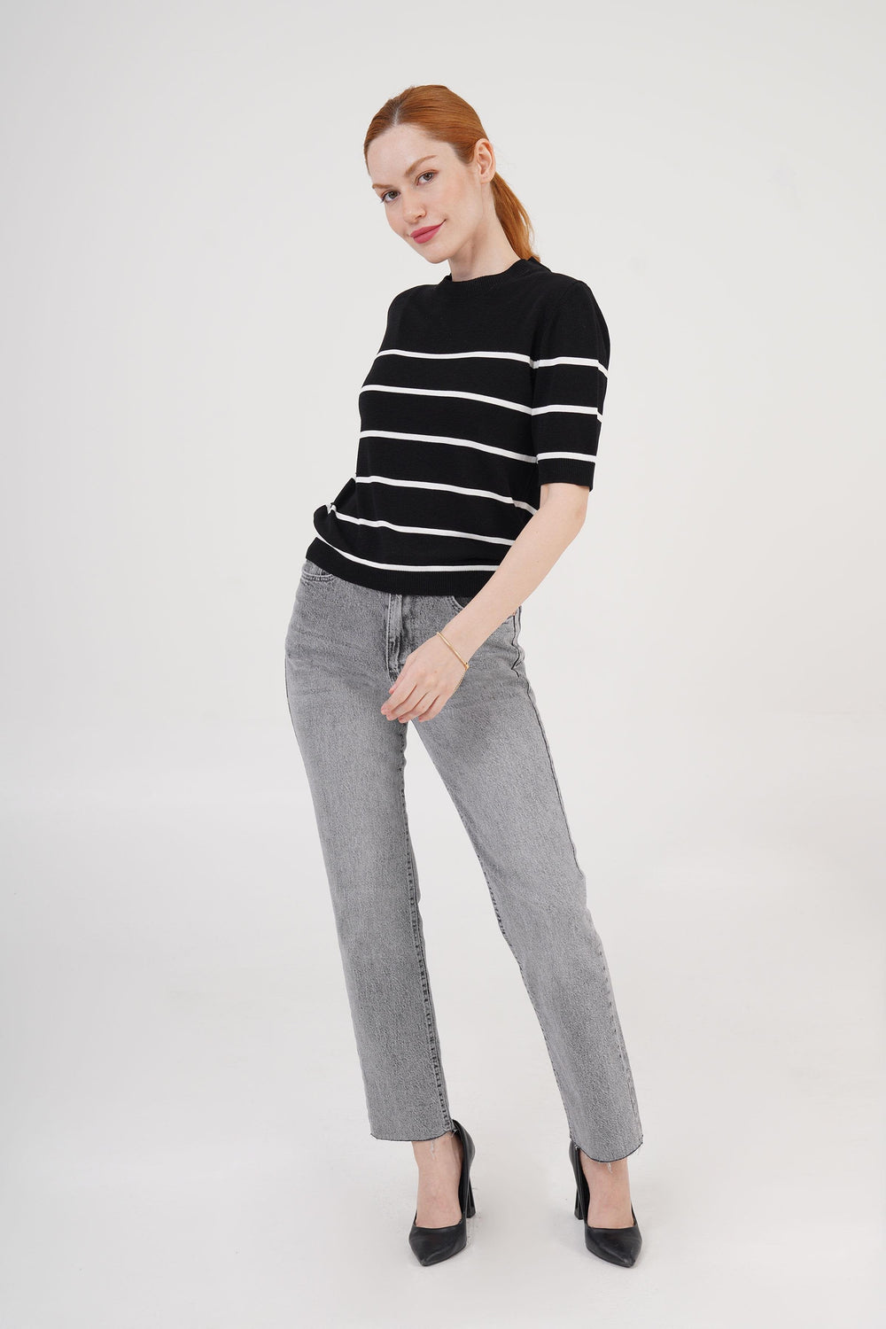 Çizgili Kısa Kol Siyah Toptan Bluz Siyah STD