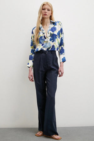 Çok Renkli Çiçek Desenli Gömlek - Mavi