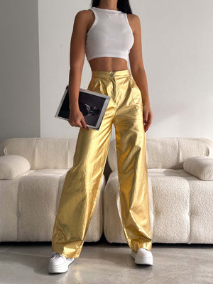 Pantaloni Palazzo cu frunze aurii