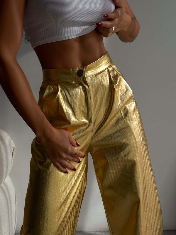 Pantaloni Palazzo cu frunze aurii