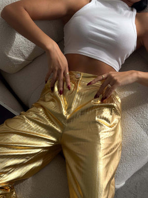 Pantaloni Palazzo cu frunze aurii