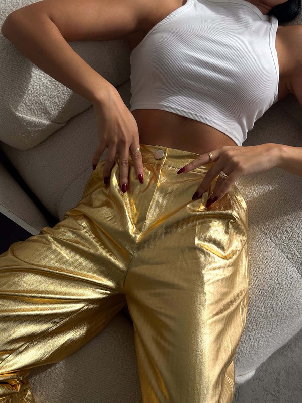 Pantaloni Palazzo cu frunze aurii