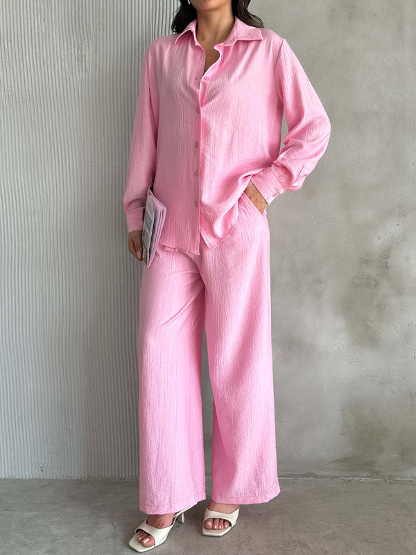 Pembe Çilek Gömlek Yırtmaçlı Pantolon Takım