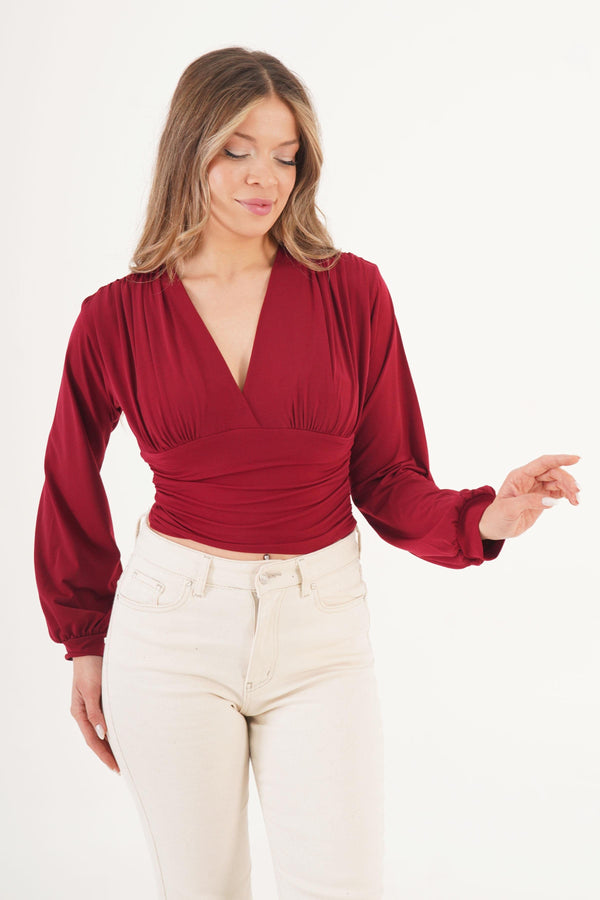 Göğüs Drapeli V Yaka Bordo Toptan Bluz