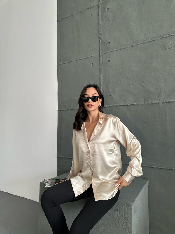 Bej Saten Oversize Gömlek
