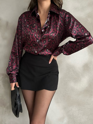 Bordo Leopar Desenli Saten Oversize Gömlek