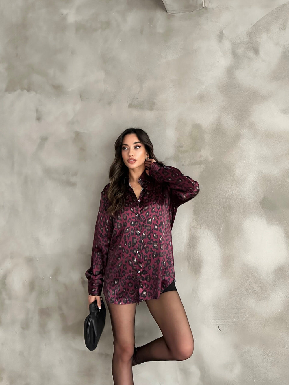Bordo Leopar Desenli Saten Oversize Gömlek