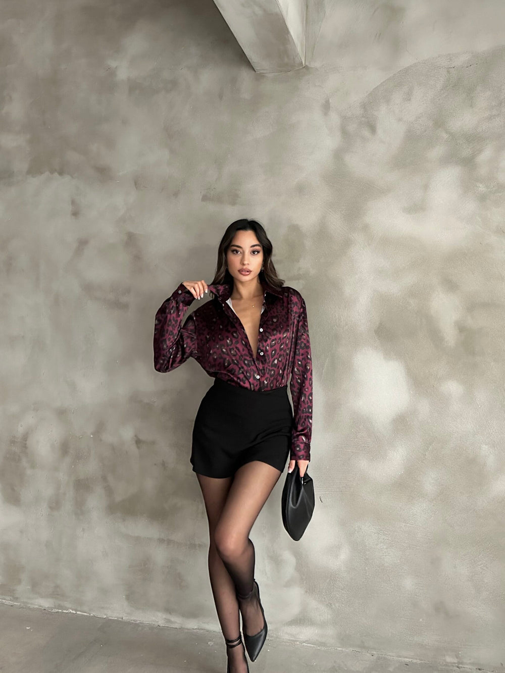 Bordo Leopar Desenli Saten Oversize Gömlek