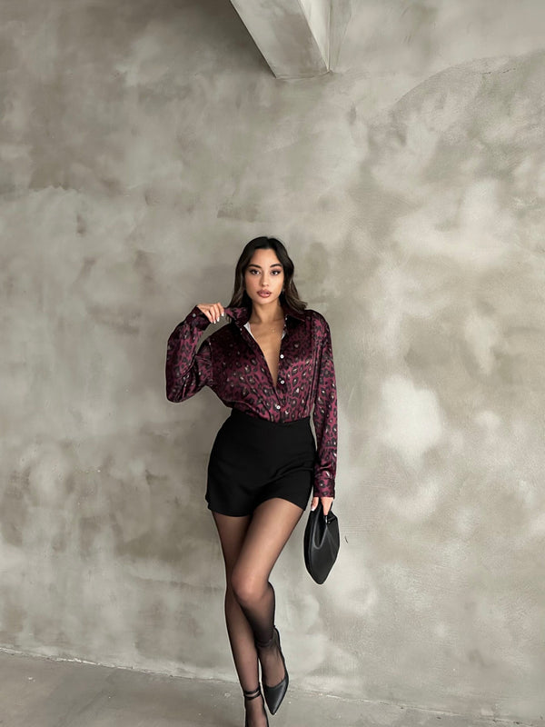 Bordo Leopar Desenli Saten Oversize Gömlek