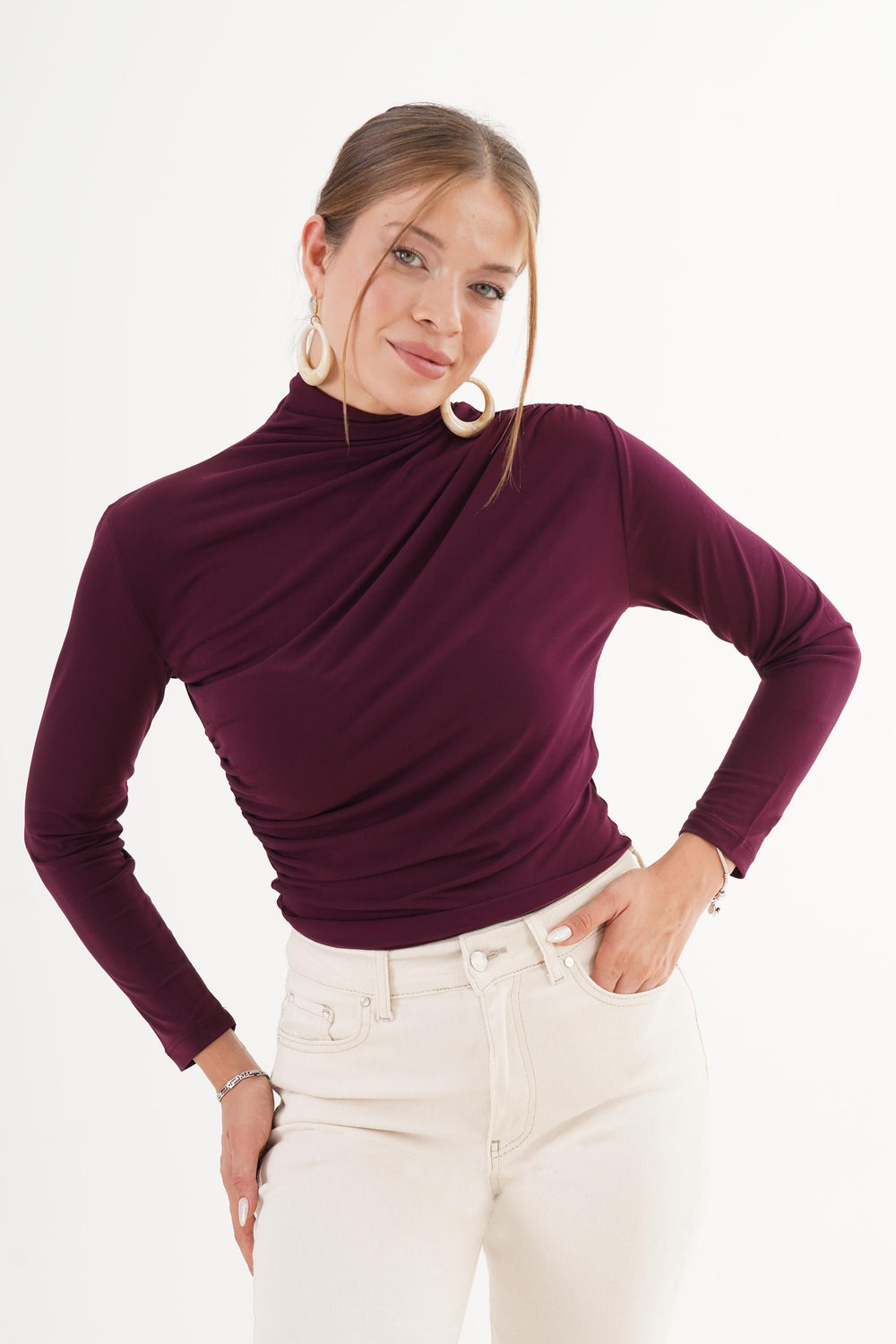 Omuz Ve Bel Büzgülü Dik Yaka Toptan Mürdüm Bluz Mürdüm S