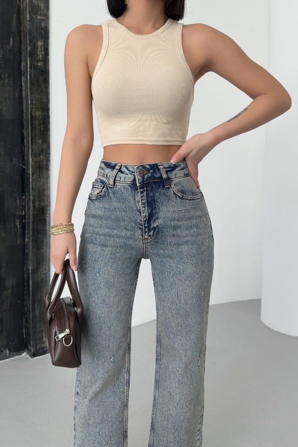 Kesik Paça Straight Fit Kot Pantolon 7070