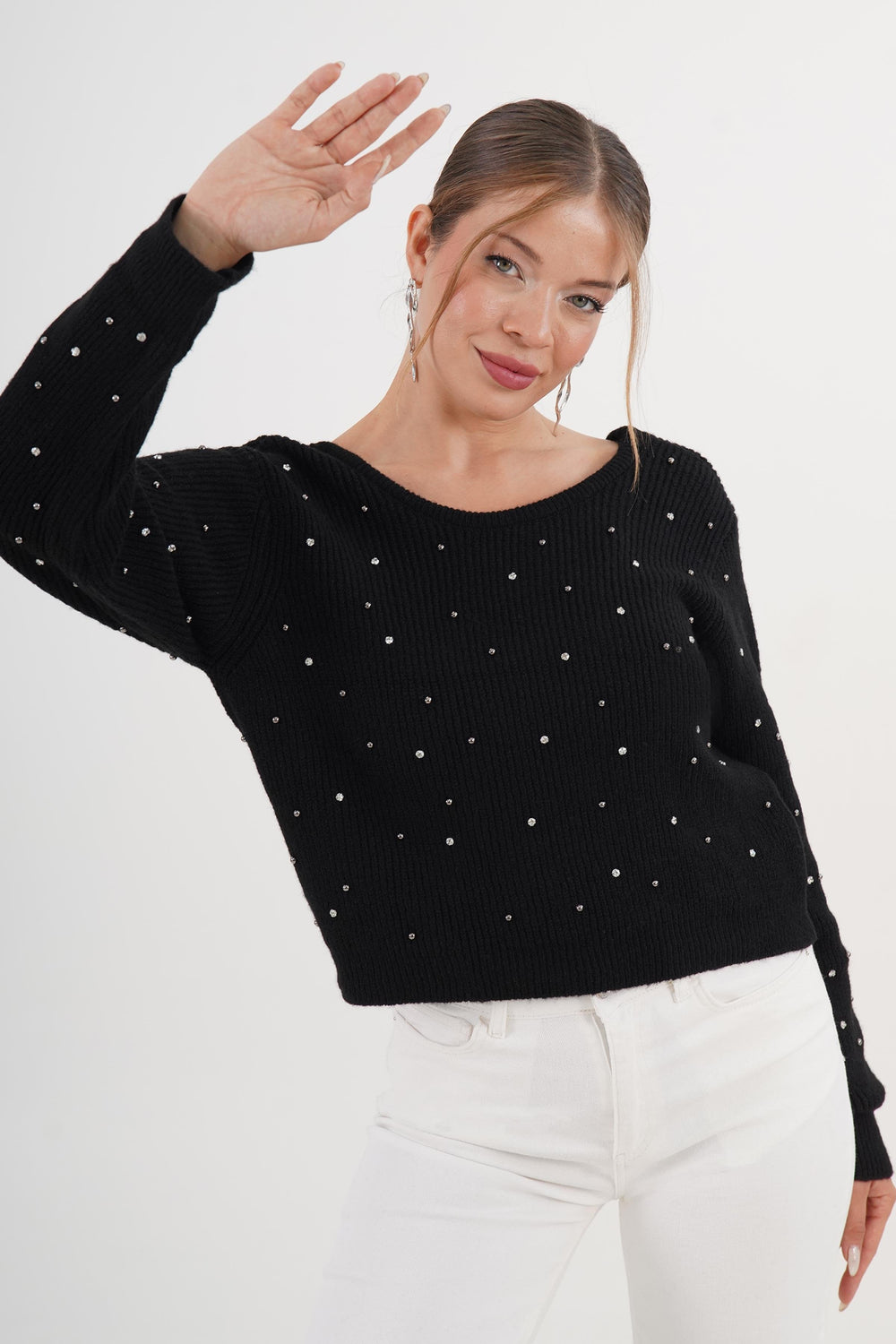 Sırt Dekolteli Siyah İşlemeli Pembe Toptan Kazak Siyah STD