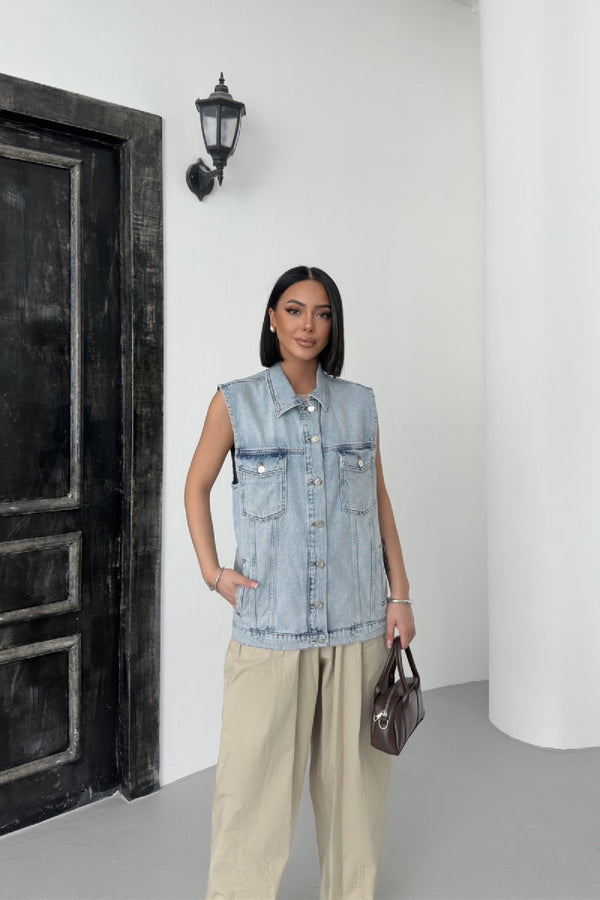 Orta Boy Kot Yelek - Kar Yıkama Açık Mavi - (S-L-4) - 2