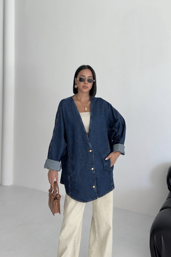 Oversize Yarasa Kollu Kot Ceket - Düz Koyu Rins - (STD-4) - 3