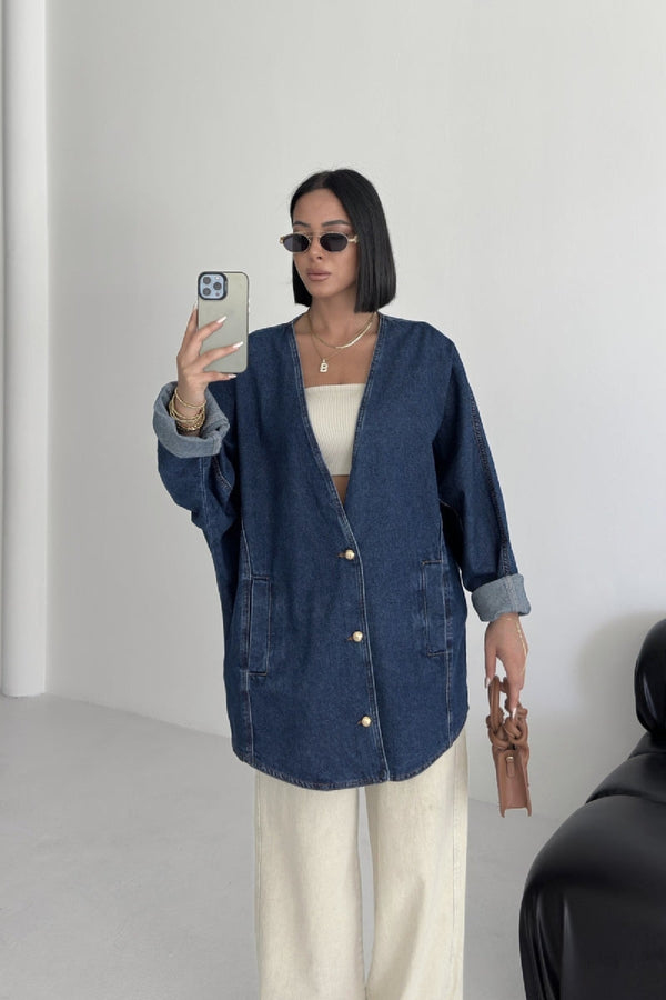 Oversize Yarasa Kollu Kot Ceket - Düz Koyu Rins - (STD-4) - 6