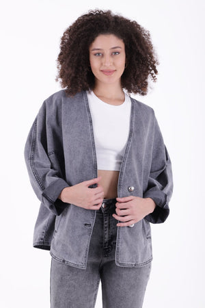 Oversize Yarasa Kollu Kot Ceket - Gri Kar Yıkama - (STD-4) - 2