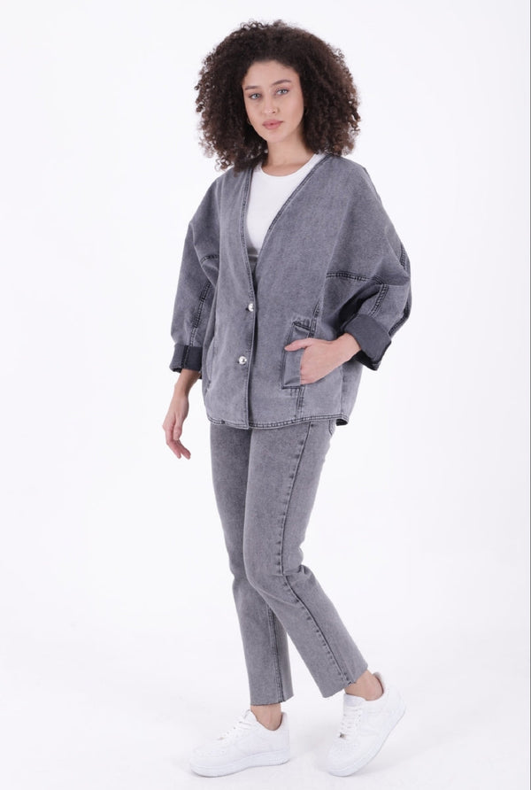 Oversize Yarasa Kollu Kot Ceket - Gri Kar Yıkama - (STD-4) - 3
