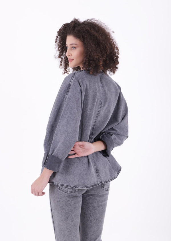 Oversize Yarasa Kollu Kot Ceket - Gri Kar Yıkama - (STD-4) - 4