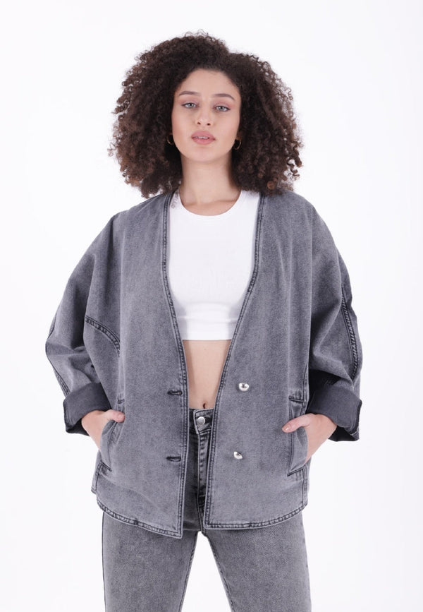Oversize Yarasa Kollu Kot Ceket - Gri Kar Yıkama - (STD-4) - 5