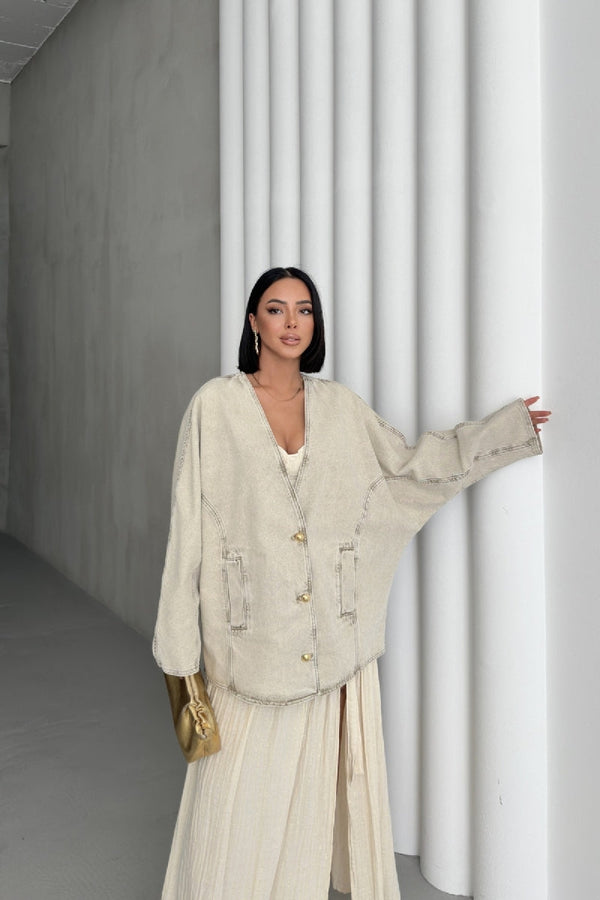 Oversize Yarasa Kollu Kot Ceket - Açık Kahve - (STD-4) - 2