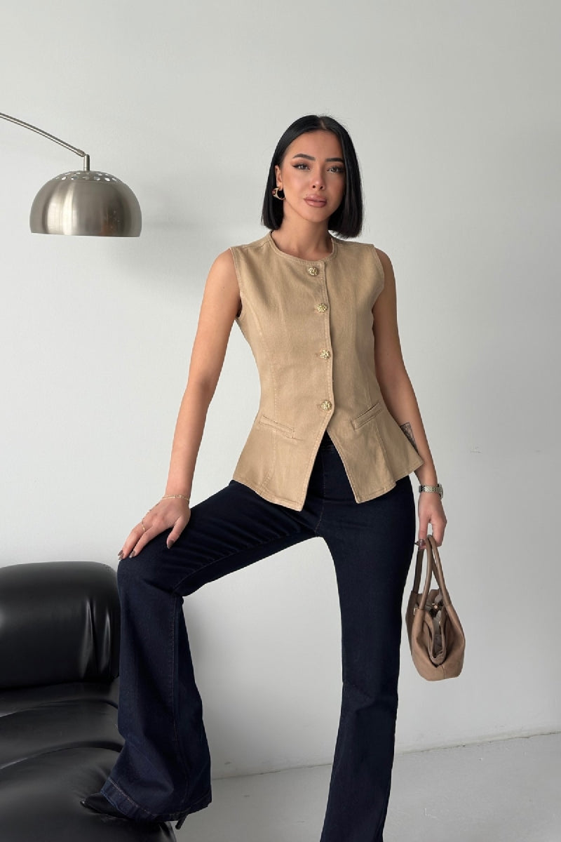 Belden Oturtmalı Düğmeli Kot Yelek Camel