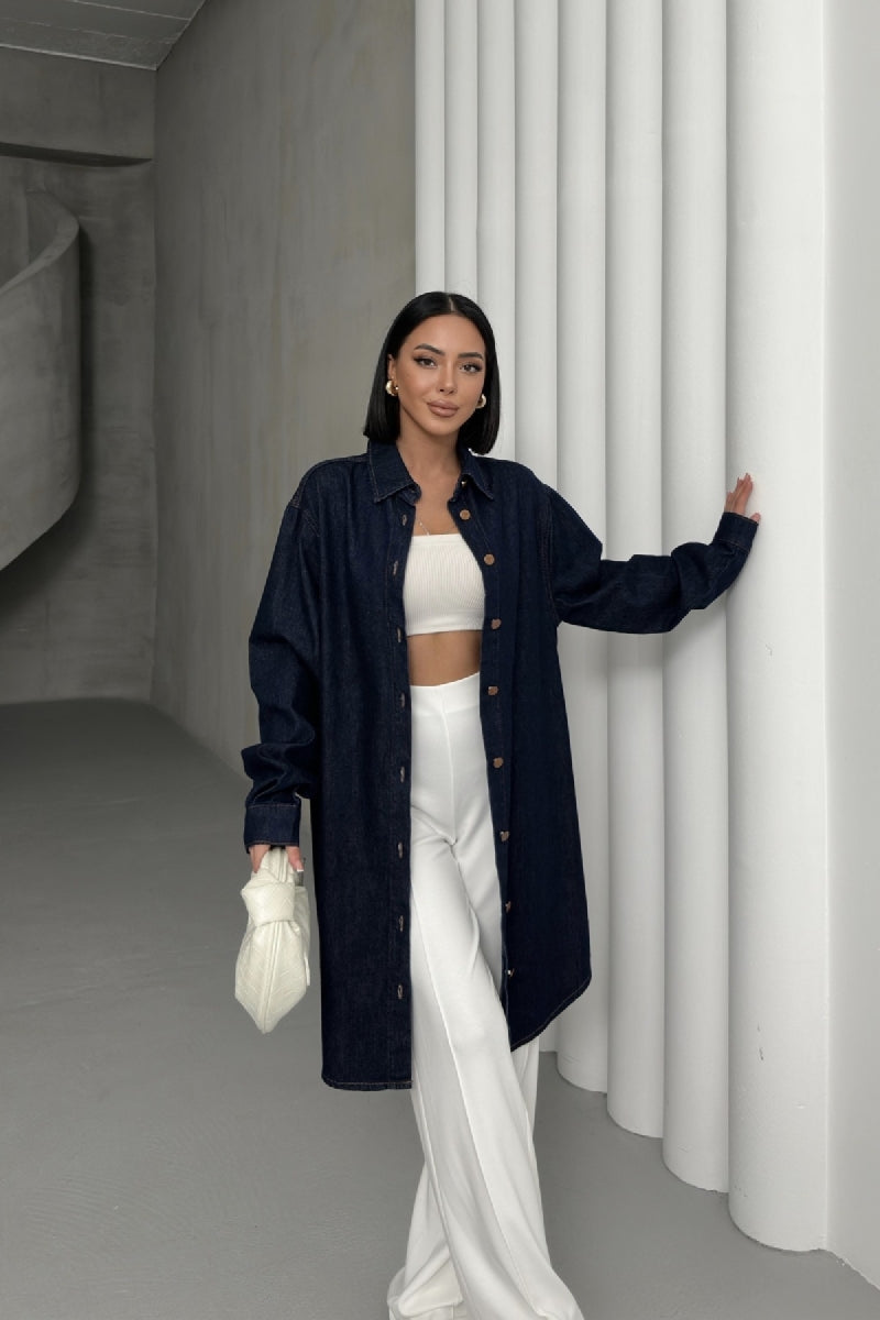 Balon Kollu Düğmeli Gömlek Slaplı Lacivert