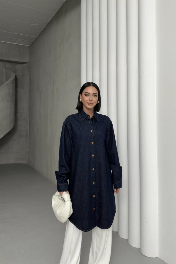 Balon Kollu Düğmeli Gömlek Slaplı Lacivert