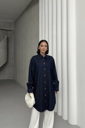 Balon Kollu Düğmeli Gömlek Slaplı Lacivert
