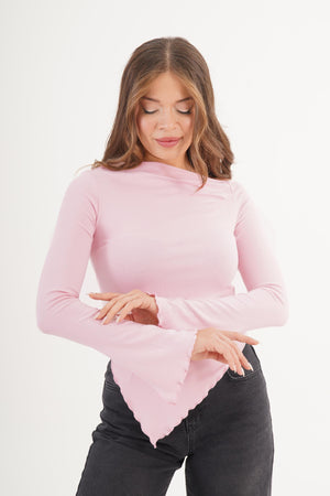 Asimetrik Kesim Toptan Pembe Basic Bluz Pembe S