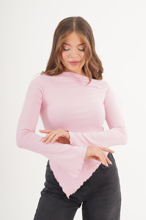 Asimetrik Kesim Toptan Pembe Basic Bluz Pembe S