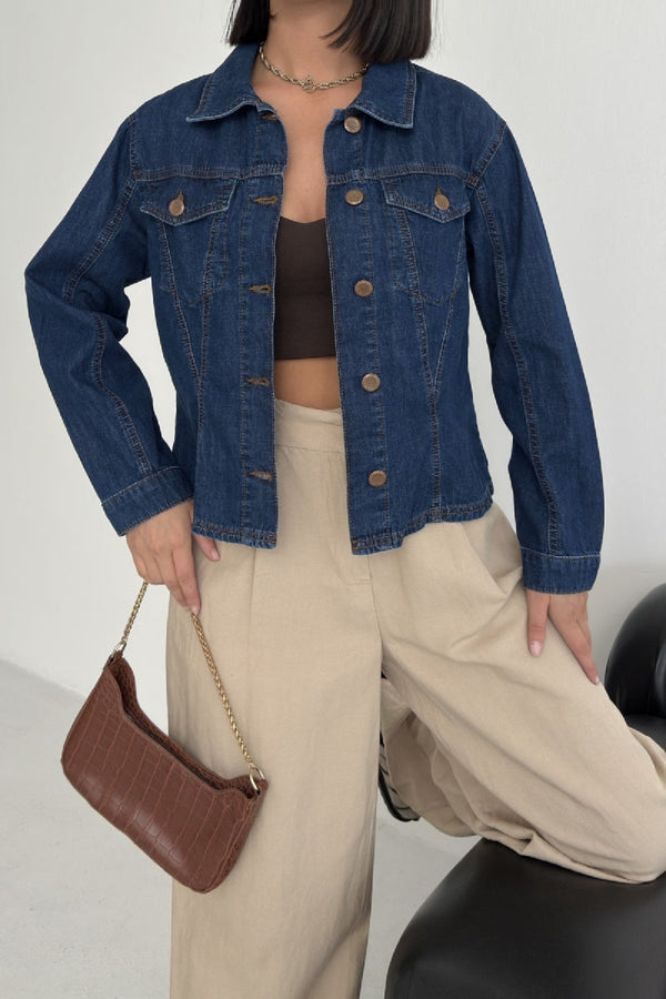 Dikiş Detaylı Kot Gömlek - Koyu Mavi Kot - (S-XL) - 2