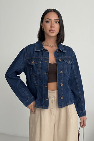 Dikiş Detaylı Kot Gömlek Koyu Mavi Kot