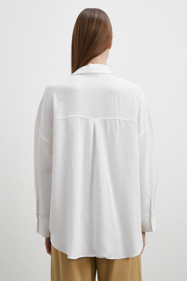 Keten Karışımlı Linen Prunes Gömlek - Beyaz