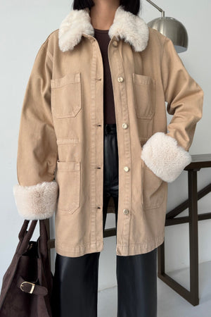 Kol ve Yakası Kürk Detaylı Orta Boy Kot Ceket - Camel - (S+L+4) - 3