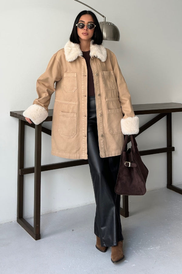 Kol ve Yakası Kürk Detaylı Orta Boy Kot Ceket - Camel - (S+L+4) - 4